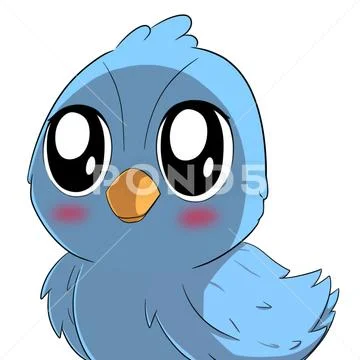 Cute Kawaii Blue Bird with Big Eyes. PSD Template