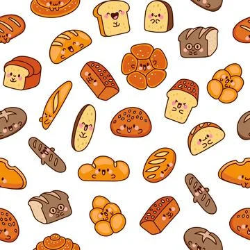 Cute kawaii bread. Seamless pattern. Stock Illustration