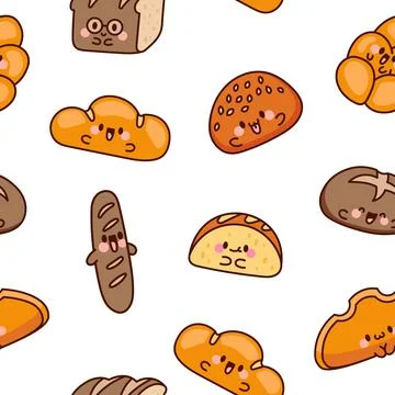 Cute kawaii bread. Seamless pattern. Stock Illustration
