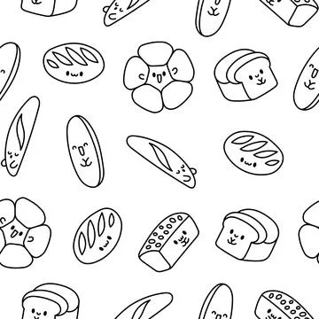Cute kawaii bread with smiley face. Coloring Page. Stock Illustration