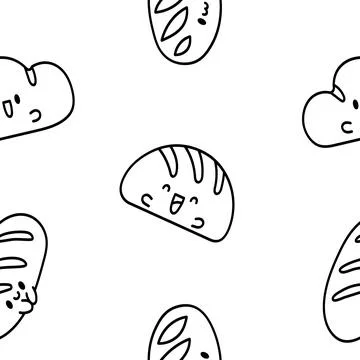 Cute kawaii bread with smiley face. Coloring Page. Stock Illustration