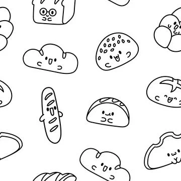 Cute kawaii bread with smiley face. Coloring Page. Stock Illustration