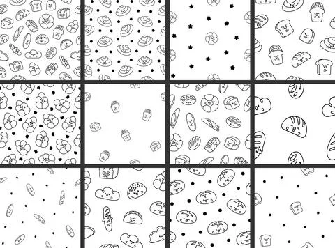 Cute kawaii bread with smiley face. Coloring Page. Stock Illustration