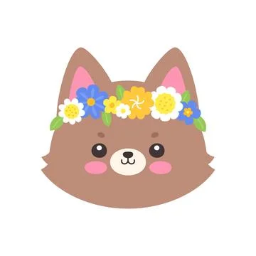 Cute Kawaii Brown Wolf Face with Flower Crown Flat Vector Illustration Stock Illustration