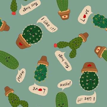 Cute kawaii cactus seamless pattern. Design element for textile, prints for c Stock Illustration