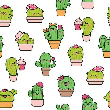 Cute kawaii cactus. Seamless pattern. Stock Illustration