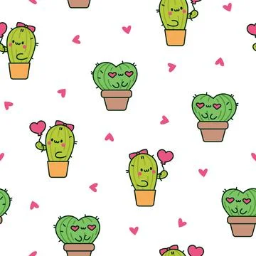 Cute kawaii cactus. Seamless pattern. Stock Illustration