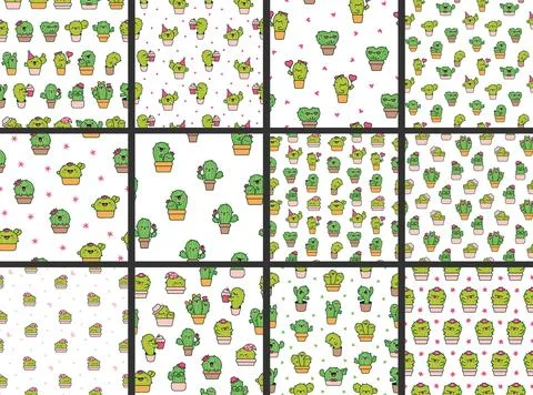 Cute kawaii cactus. Seamless pattern. 스톡 일러스트