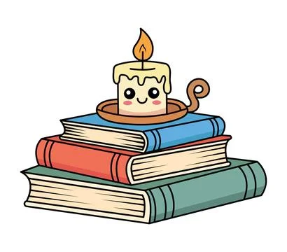 Cute Kawaii Candle Burning on a Stack of Books Vector Illustration for Educ.. Illustrazione stock