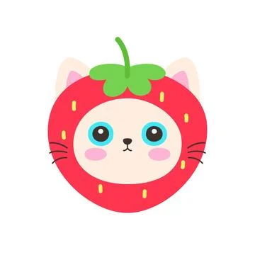 Cute kawaii cat face inside red strawberry fruit costume Stock Illustration