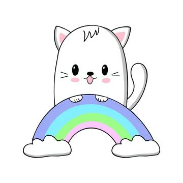 Cute kawaii cat with rainbow. Vector illustration.	 Stock Illustration