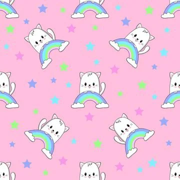 Cute kawaii cat with rainbow. Vector illustration. Seamless pattern.	 Stock Illustration