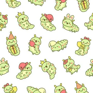Cute kawaii caterpillar. Seamless pattern. 库存插图