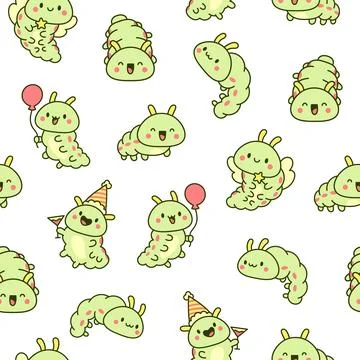 Cute kawaii caterpillar. Seamless pattern. 库存插图