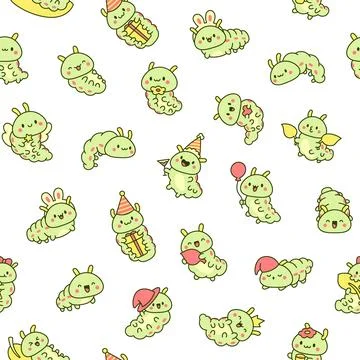 Cute kawaii caterpillar. Seamless pattern. イラスト素材