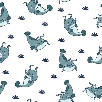 Cute kawaii catfish. Seamless pattern. Stock Illustration