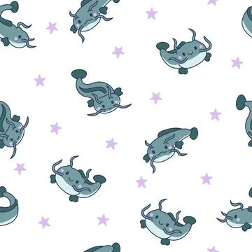 Cute kawaii catfish. Seamless pattern. Stock Illustration