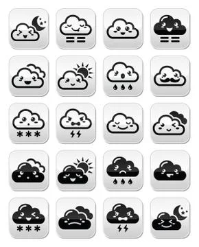Cute Kawaii clouds with different expressions - happy, sad, angry Stock Illustration