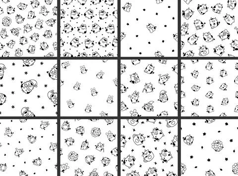 Cute kawaii cow. Seamless pattern. Coloring Page. Illustrazione stock