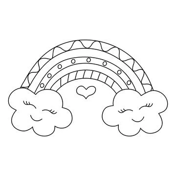 Cute kawaii doodle rainbow with clouds. Hand drawn line art vector illustra.. Illustrazione stock