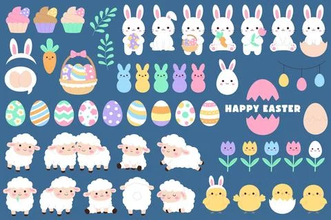 Cute kawaii Easter bundle set with bunny lamb chick decorated egg tulip cup.. Stock Illustration