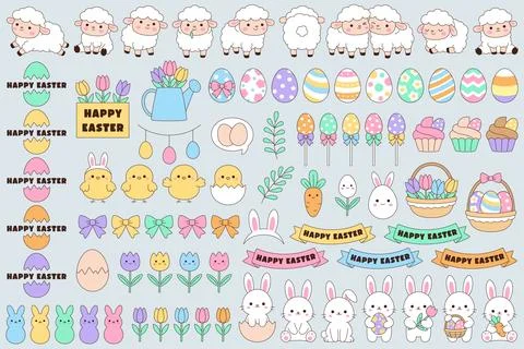 Cute kawaii Easter bundle set with lamb bunny chick egg tulip basket bow an.. Stock Illustration
