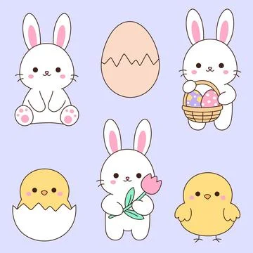 Cute kawaii Easter bunny chick egg basket and tulip character set on lavend.. Stock Illustration