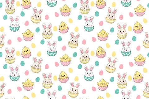 Cute Kawaii Easter Seamless Pattern with Baby Bunnies and Chicks and Colorf.. Stock Illustration