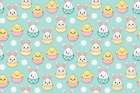 Cute Kawaii Easter Seamless Pattern with Baby Bunnies Chicks and Decorated .. Stock Illustration