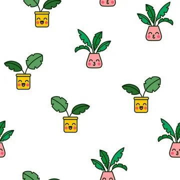 Cute kawaii flowerpot. Seamless pattern. Stock Illustration