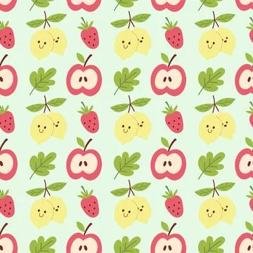 Cute Kawaii Fruit Seamless Pattern with Lemons and Apples Ilustração Stock
