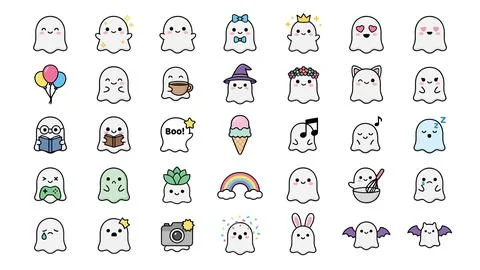 Cute kawaii ghost characters in white with various expressions and accessor.. Stock Illustration