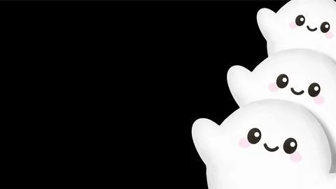 Cute kawaii ghost figures on dark black background with copy space for hall.. Stock Illustration