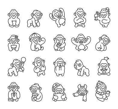 Cute kawaii gorilla monkey characters Illustrazione stock