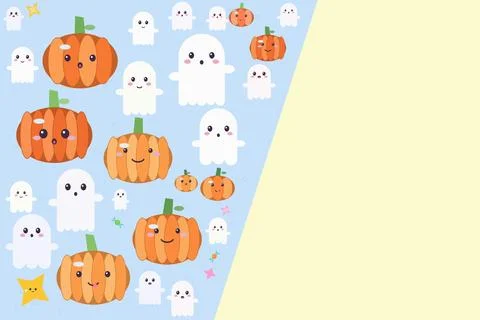 Cute kawaii halloween pattern featuring ghosts and pumpkins on pastel blue .. Ilustração Stock