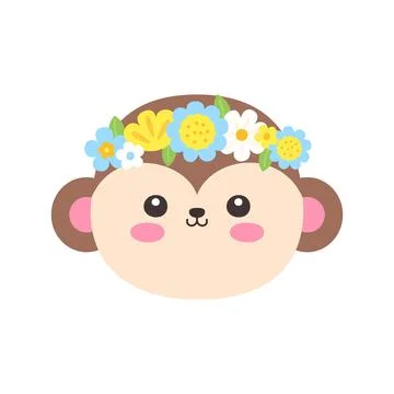 Cute Kawaii Monkey Face with Flower Crown Flat Vector Illustration 스톡 일러스트