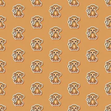 Cute Kawaii Monkey Seamless Pattern Background with Adorable Cartoon Baby M.. Stock Illustration