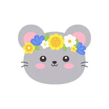 Cute Kawaii Mouse Face with Flower Crown Flat Vector Illustration Stock Illustration