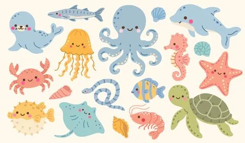 Cute Kawaii Ocean Animals Vector Set Stock Illustration