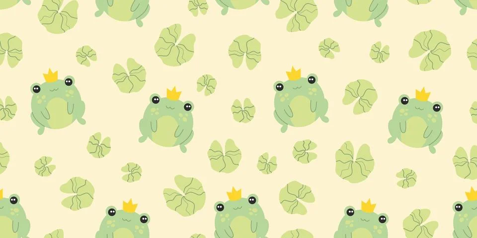 Cute kawaii pattern with frogs and lotus leaves Stock Illustration