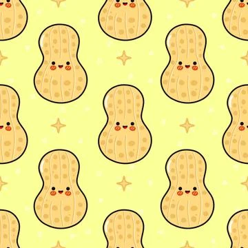 Cute kawaii peanut seamless pattern on yellow background Illustrazione stock