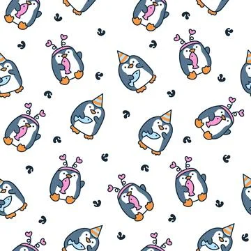 Cute kawaii penguin. Seamless pattern. Stock Illustration