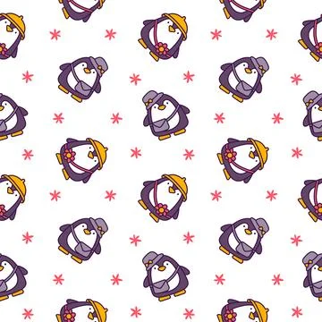 Cute kawaii penguin. Seamless pattern. Stock Illustration