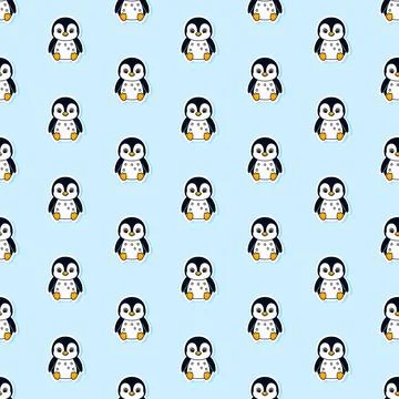 Cute Kawaii Penguin Seamless Pattern Background with Cartoon Baby Penguin S.. Stock Illustration