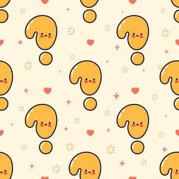 Cute kawaii question mark characters with hearts and sparkles seamless patter Stock-Illustration