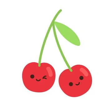 Cute kawaii red cherry fruit pair characters with happy smiling faces flat .. Ilustração Stock