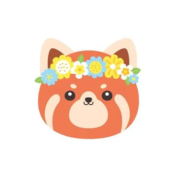 Cute Kawaii Red Panda Face with Flower Crown Flat Vector Illustration Stock Illustration