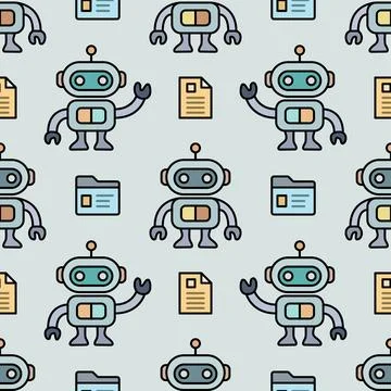 Cute kawaii robot document file seamless pattern flat outline Illustration
