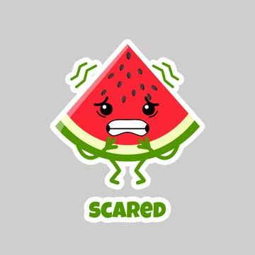 Cute Kawaii Scared Watermelon Slice Cartoon Sticker Character Shaking with Fe Illustration