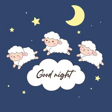 Cute kawaii sheep jumping on cloud with Good Night text stars and crescent .. Stock Illustration